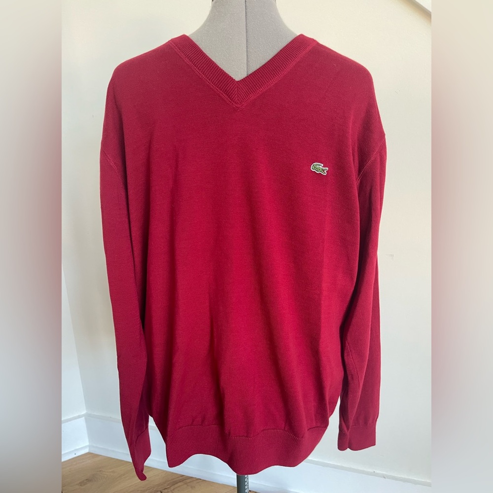 Lacoste Sweater Men 6 (US XL) Red V-Neck Pullover 100% Cotton Classic Preppy